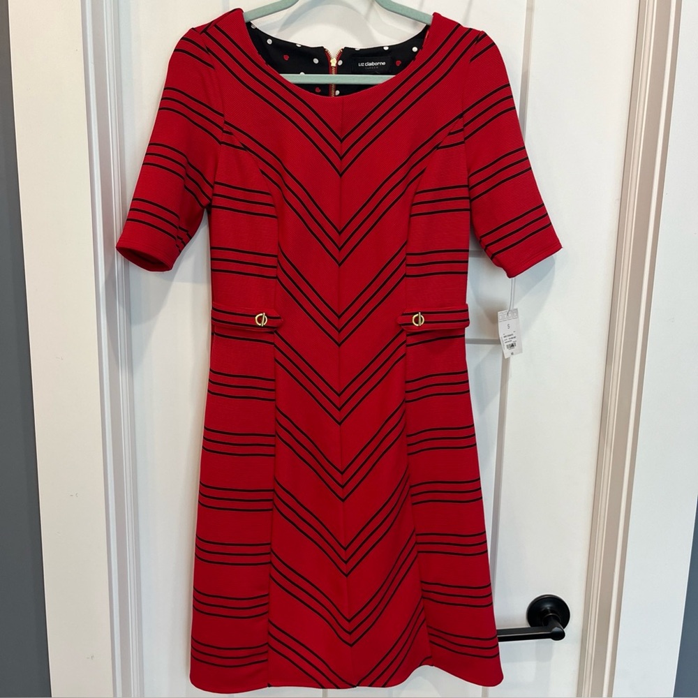 Liz Claiborne Career Dress Size Small Cabaret Red Black Striped Gold Accents